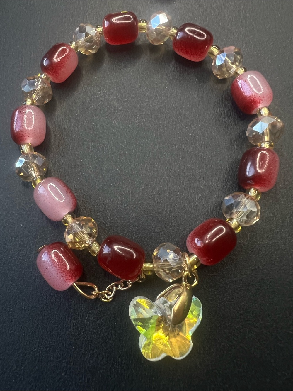 Pink & Red Glass Beaded Bracelet with CZ Butterfly Pendant NWOT